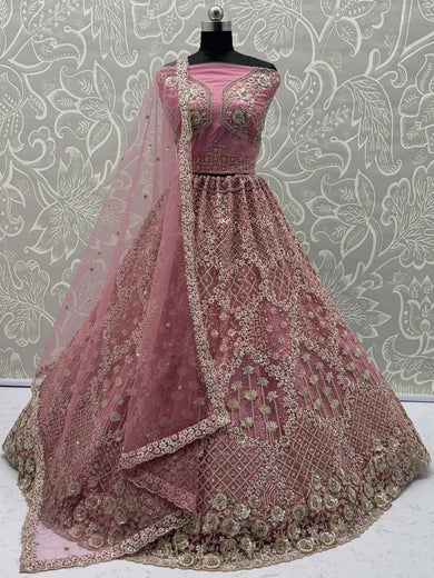 Glamorous Rose Pink Net Zari Embroidered Bridesmaids Lehenga Choli - Ethnic Plus In